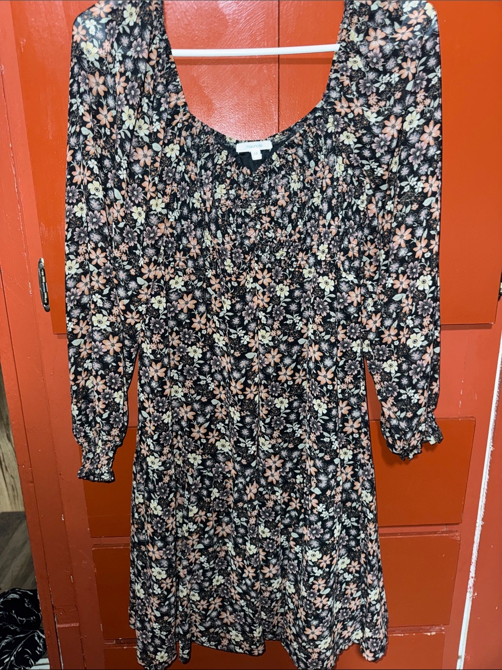 Maurices Black Floral Long Sleeve Smock Dress with Peach and Cream Flowers